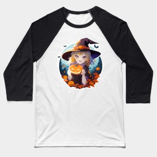 Halloween Enchantment: Young Witch with a Magical Pumpkin Baseball T-Shirt